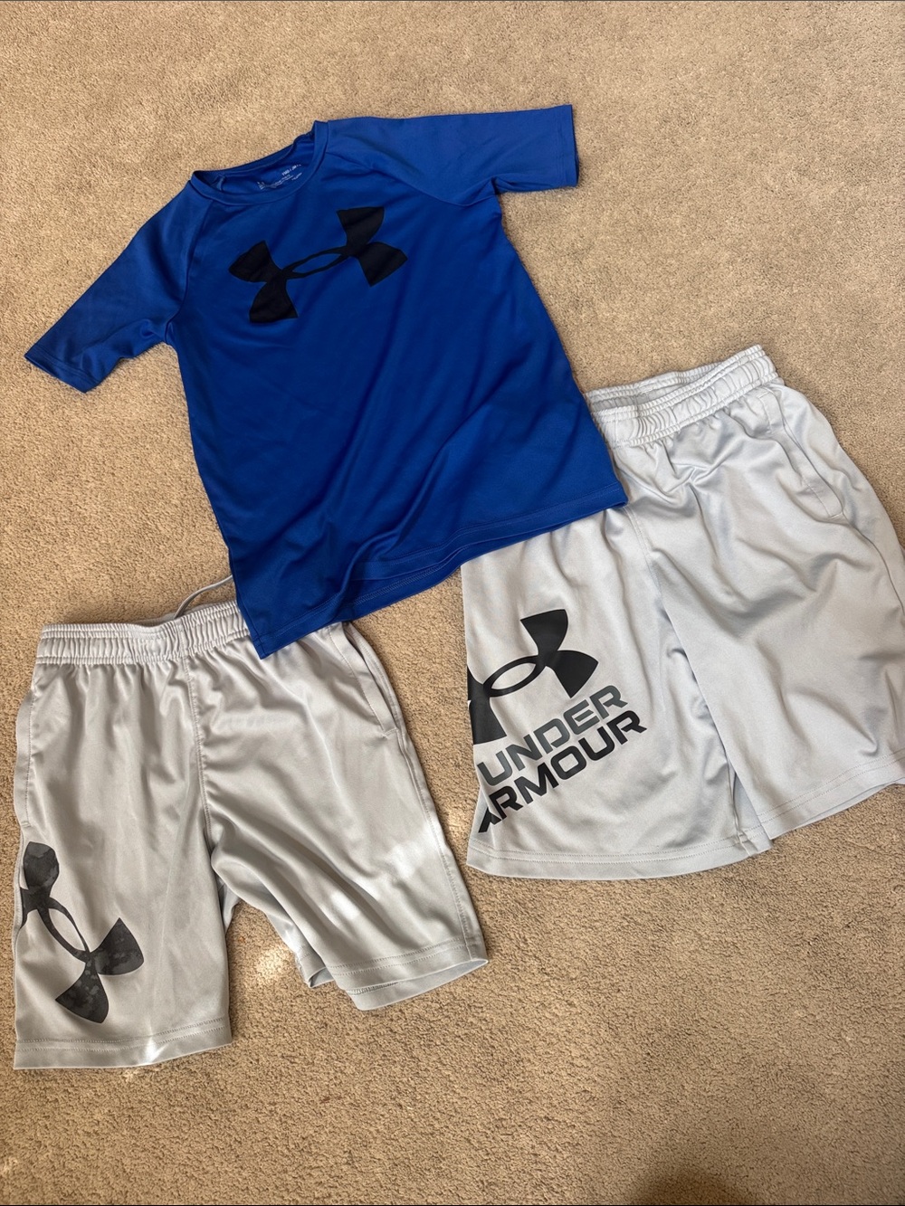 Under Armour Blue Tee with 2 Light Gray Athletic Shorts Bundle